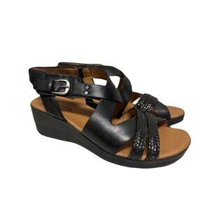 NEW Baretraps Women Size 8.5 Black Kalena Wedge Sandal Faux Leather Comfort Shoe